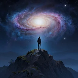 man standing on edge of the mountain, galaxy in the sky,digital art, concept art, fantasy art, highly detailed, HD wallpaper, artstation, Deviantart, abeyance
