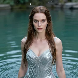 jennifer garner dressed in intricate silver clothing surrounded by water particles above a serene pond, beautiful face, fantasy concept art by j. dickenson