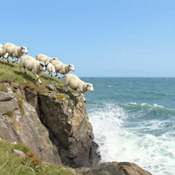 sixty six white sheep running fast in the direction of a cliff and we can see them falling like lemmings down the rocks below to the sea and the crashing white waves, there is one single black sheep going against the crowd, clear blue skies, old colored sketching, lateral sideways horizon panoramic shot