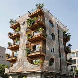 hyperrealstic photo of a futuristic timber building in an urban setting, the building has many balconies with hanging plants, parts of the building are wrapped in billowing fabric tarps, the fabric tarps are transatlant mesh with large holes for balconies and windows, the fabric hangs from metal scaffolding, 8 k