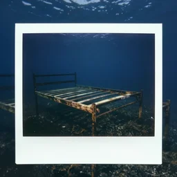 a rusty bedframe at the bottom of the ocean, dark, murky water, underwater, old polaroid, expired film,