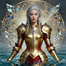 portrait of a beautiful woman wearing a gold red armor, silver hair, drenched body, wet dripping hair, emerging from the water, fantasy, regal, fractal crystal, fractal gems, by stanley artgerm lau, greg rutkowski, thomas kindkade, alphonse mucha, loish, norman rockwell