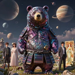 highly detailed surreal vfx portrait of a metallic chromatic samurai bear in front of planets filled sky, stephen bliss, unreal engine, greg rutkowski, loish, rhads, beeple, makoto shinkai and lois van baarle, ilya kuvshinov, rossdraws, tom bagshaw, alphonse mucha, global illumination, detailed and intricate environment