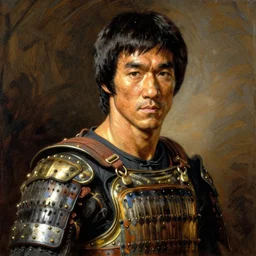 engraving portrait of bruce lee in japanese armoury by gustave dore