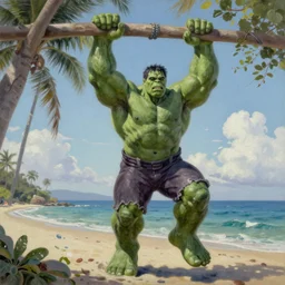grey hulk hanging out at the beach, oil on canvas, intricate, full scene, 8 k highly professionally detailed, hdr, joe jusko