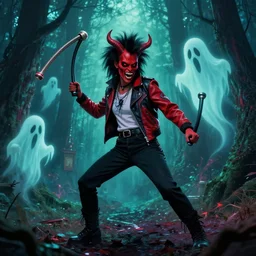 punk aesthetic demon in 8 0 s clothing using nunchucks to fight ghosts in a forrest hellscape.