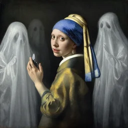 a painting of Elle Fanning at a seance surrounded by ghosts, by Johannes Vermeer