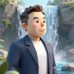 elon musk, low poly, 3 d render, waterfall, high detail, artstation, concept art, behance, ray tracing, smooth, sharp focus, ethereal lighting