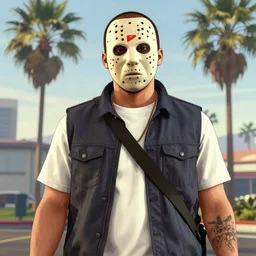 Jason Voorhees in GTA V. Los Santos in the background, palm trees. In the art style of Stephen Bliss