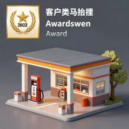 digital painting of village gas station shop miniature, 3 quarter view, outside view, diorama, award winning