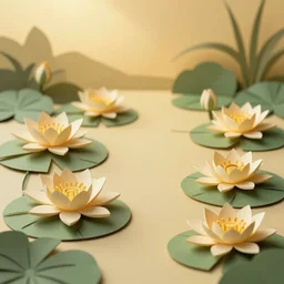 lily Pads with many Lotus flowers in the golden hour, paper cut art, close up, DOF, 8k, artstation,