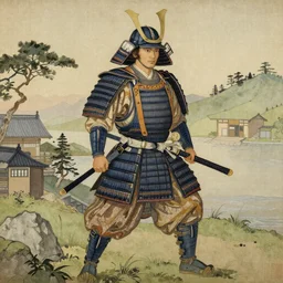 a Tempera painting of a medieval Japanese samurai