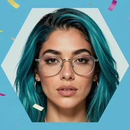 portrait of beautiful dominican woman with dark turquoise hair with black roots, prominent brow, silver frame glasses, confetti in the sky on a hexagon shape, art by j scott campbell, vfx, sharp details