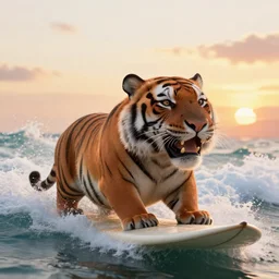 a closeup photorealistic photograph of a smiling cute tiger hippopotamus riding a large wave during sunset. surf in the background. professional capture. brightly lit scene. this 4 k hd image is trending on artstation, featured on behance, well - rendered, extra crisp, features intricate detail, epic composition and the style of unreal engine.