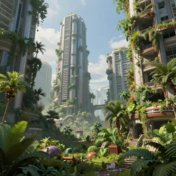 futuristic city in ruin, overgrown with lush plants and trees, by ivan aivazovsky and zdzisław beksinski, coherent, hyper realism, high detail, vivid colors, octane render, unreal engine, 8 k, smooth gradients, high contrast, depth of field by jacek yerka