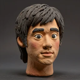 real bruce lee!! clay! close detailed sculpted head , style: claymation puppet kids clay , by guldies