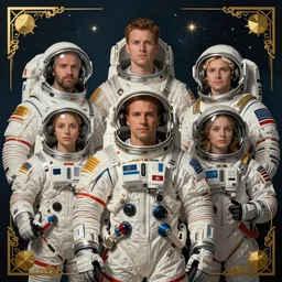 portrait of a team of space explorers, in style of Midjourney, insanely detailed and intricate, golden ratio, elegant, ornate, elite, haunting, matte painting, cinematic, cgsociety, James jean, Noah Bradley, Darius Zawadzki, vivid and vibrant