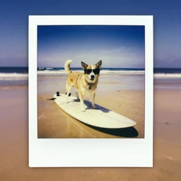 1990s Polaroid photo of a dog wearing sunglasses on a surfboard at the beach, vibrant, vignette, grain noise, 35mm