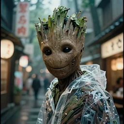 Cinestill 50d, 8K, highly detailed, guardians of the galaxy groot style 3/4 extreme closeup portrait, eye contact, focus on clear transparent raincoat girl model, tilt shift zaha hadid style forest background: famous blade runner remake, tokyo izakaya scene