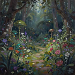 a gorgeous, fantastic, magic garden landscape by michael kidd, james gurney, trending on artstation, artgerm, acrylic on canvas, muted colors, darker,!! low contrast!!, chillwave