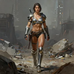 realist painting of a muscular female warrior in full body biobooster armor walking across a cyberpunk wasteland with no helmet, attractive female face, symmetrical face details, ultra realistic, very highly detailed, 8K, octane, Digital painting, concept art, illustration, rule of thirds, sharp focus, centered, The style of Syd Mead