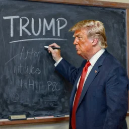 An impressionist oil painting of Donald Trump writing on a chalkboard