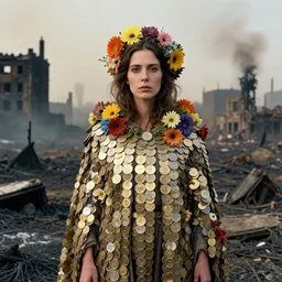 portrait of a woman wearing a cloak made of coins and flowers, standing in an apocalyptic wasteland, burnt city, by Annie Leibovitz and Steve McCurry, natural light, detailed face, CANON Eos C300, ƒ1.8, 35mm, 8K, medium-format print