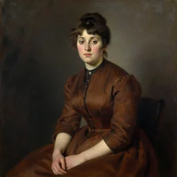 a painting of a woman in a brown dress, a portrait by Jeanne du Maurier, cgsociety, american barbizon school, studio portrait, oil on canvas, chiaroscuro