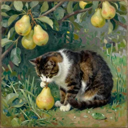 vintage beautiful painting of a cat eating a pear in a beautiful fruit garden in Mary Cassatt style
