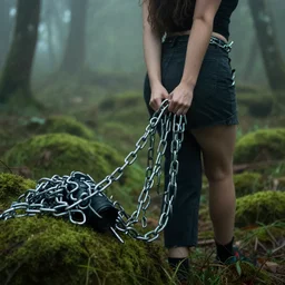 a closeup of a woman wrapped in chains, dragging a pile of chains, in a foggy mossy forest, by Omar Z. Robles, CANON Eos C300, ƒ1.8, 35mm, 8K, medium-format print