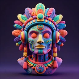 a claymodel of a dieselpunk aztec futuristic robot head wearing an emotiv eeg - headset, 8 k, front shot, symetrical, flourescent colors, halluzinogenic, multicolored, insanely detailed, front shot, bust shot, 3 d render, octane