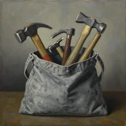 an abstract painting of a gray denim bag filled with broken hammers, stylized, by caravaggio, george luks and paul klee, muted color scheme