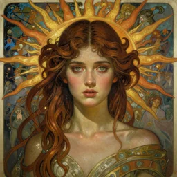 stunning, breathtaking, awe-inspiring award-winning concept art nouveau painting of attractive Ashley Liao as the goddess of the sun, with anxious, piercing eyes, by Alphonse Mucha, Michael Whelan, William Adolphe Bouguereau, John Williams Waterhouse, and Donato Giancola, cyberpunk, extremely moody lighting, 8K
