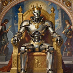beautifully painted mural of a mechanical cyborg king in ornate royal metallic fabric sitting in his royal throne room, piercing glowing eyes, sci fi scenery, fantasy setting, mural in the style of sandro botticelli, caravaggio, albrecth durer