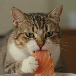 a logo of a cat eating salmon, close up, 2 0 0 mm, photorealistic, photography, directed by wes anderson