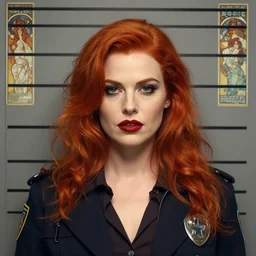 police station mugshot. fancy attire. close symmetrical centered looking at viewer mugshot head portrait photograph of pretty attractive charismatic nefarious redhead lady crime boss dame with attitude. pulp style digital. norman rockwell, artgerm, greg rutkowski, sakimichan, sakimichan, alphonse mucha. artstation. sharp focus.