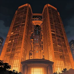 orange government building, modern glass architecture, cyberpunk, studio gainax art, intricate electronics, moody lighting