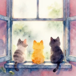 watercolor illustration style, cute cats looking out the window, inspired by tearaway, dreamy aesthetic, misty, trending on artstation, vivid colors, 8 k, filip hodas, jeremy mann