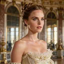Natalie Portman as Hermione as Marie Antoinette in hall of mirrors in versailles, golden hour, clear makeup, clean hair, dry skin, clear skin, airbrushed, bright eye makeup, warrior body, photo by mario testino, 8k octane render, cinematic, hyper detailed, micro details, insanely detailed, trending on artstation, concept art