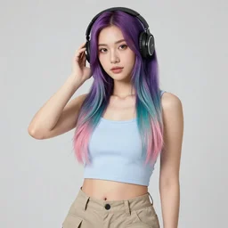 a award winning half body portrait of a beautiful woman with stunning eyes in a croptop and cargo pants with ombre purple pink teal hairstyle listenin to music with headphones on her ears by thomas danthony, surrounded by whirling illuminated lines, outrun, vaporware, shaded flat illustration, digital art, trending on artstation, highly detailed, fine detail, intricate