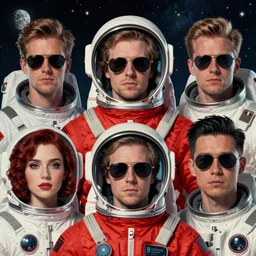 cool retro space explorer portraits. sunglasses red astronaut suit. greg rutkowski, artgem, dan mumford, josan gonzalez, victo ngai