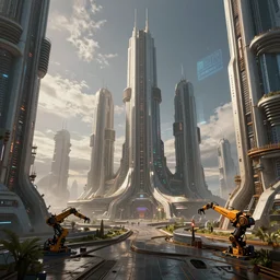 sci - fi alien city with skyscrapers, futuristic, construction robots, digital art, artstation, detailed, realistic