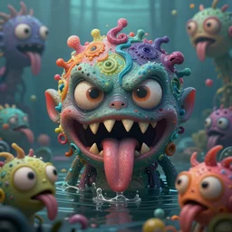 intricate colourful murky with strange cute friendly angry crazy creatures with huge beauty eyes long tongue triangle teeth and scary face appearing from the water, round head, in the style of craola, shallow depth of field, highly detailed, digital painting, trending artstation, concept art, illustration, cinematic lighting, vibrant colors, photorealism, epic, octane render