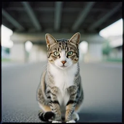 medium format film portrait of a homeless anthropomorphic cat under a bridge, hasselblad film bokeh, unsplash, soft light photographed on colour expired film
