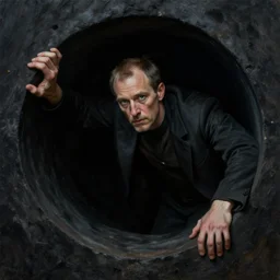 detailed and oil painting, hyper realistic | cinematic lighting, award - winning | the hermit leans into the black abyss | by leyendecker, by norman rockwell | trending on artstation, cgsociety, official art, octane.