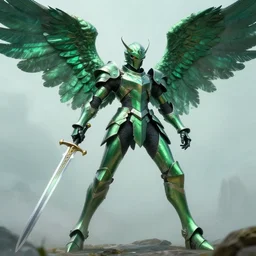 armored angel knight in Phthalo metallic green armor with knight helmet, inhumanly long and thin limbs wielding a sword and shield, fallen angel, Barthin, detailed, natural lighting, by Peter Mohrbacher, otherworldly, octane rendered, fantasy, heavenly