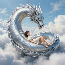 the beautiful hyper detailed scene render that a beautiful girl lies in the arms of a huge silver dragon in the fairyland surrounded by white clouds, in the style of makoto shinkai victo ngai and peter mohrbacher studio ghibli artgerm karol bak beeple, animation style, 8 k hd, dream, trending on cg society, trending on art station, ultra wide angle, animation style, hyperrealism, 3 d render, hyper detailed