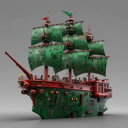 a green and red image of a cyberpunk pirate ship. atompunk. intricate masterpiece. circuitboard. rich deep colours. guy denning and mark brooks