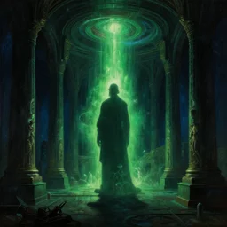 a glowing silhouette in massive futuristic fantastical cosmic classical halls of creation. night time, strong shadows. deep green blue tones. renaissance masterpiece. highly detailed sci - fi fantasy painting by norman rockwell, frank frazetta, johfra bosschart, and syd mead. rich colors, high contrast, dark background. artstation