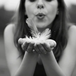 black and white photo of a lady blowing feathers from the palm of her hand, low depth of field
